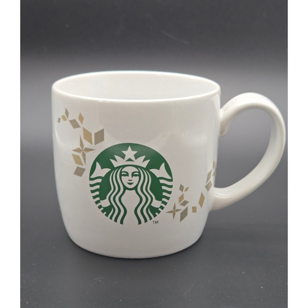 Starbucks Holiday Collection 2013 White Ceramic Mug Gold Silver Stars 14oz